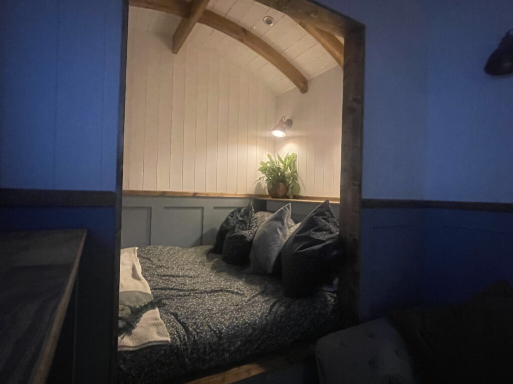 A beautifully crafted custom made kingsize bed in our Herdwick range Shepherd Hut
