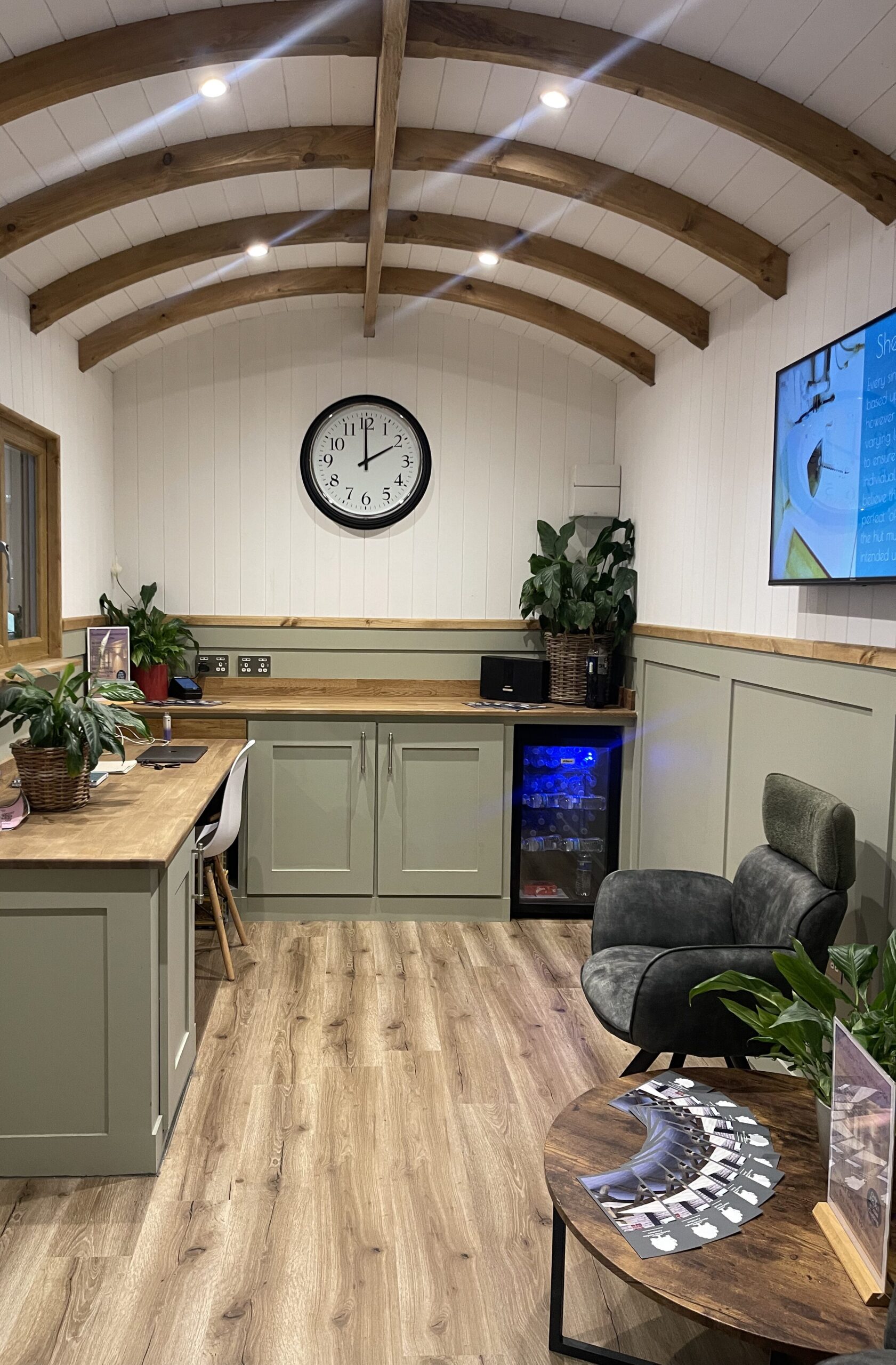 The inside of a Southdown shepherd hut handcrafted by Moorlands Garden Furniture